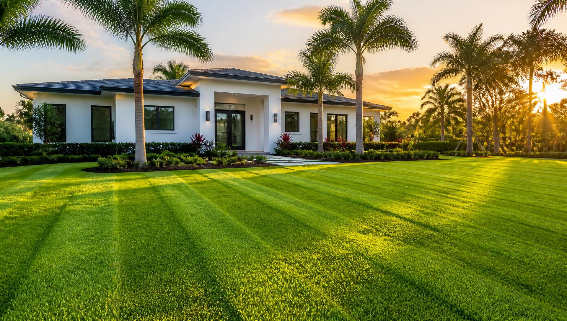 Freshly striped green lawn in front of an Orlando home at sunset